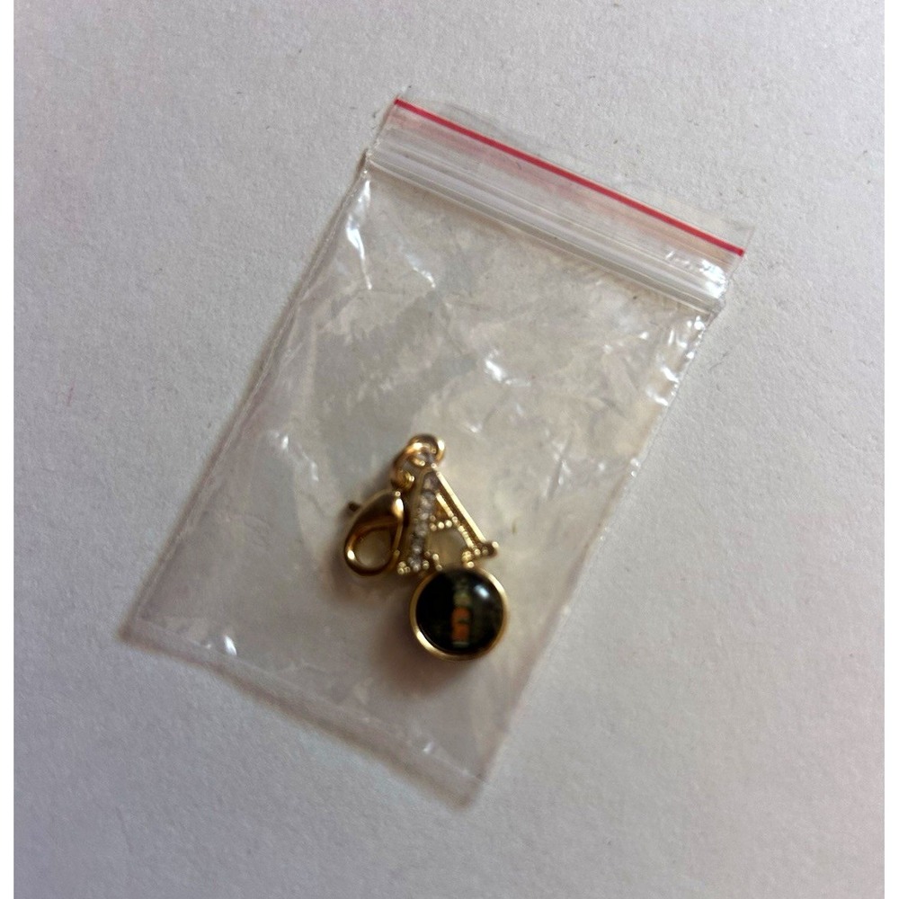 Gold Tone 'A' Initial Dangle Charm Pendant, Lobster Clasp, Black Round Stone